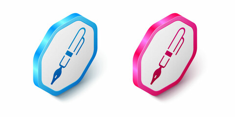 Isometric Fountain pen nib icon isolated on white background. Pen tool sign. Hexagon button. Vector