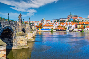 Fototapeta na wymiar Prague Czech Republic, city skyline at Charles Bridge and Prague Castle, Czechia with autumn foliage season