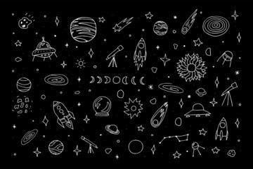 Space doodle set. White Planet, rockets, stars, comets, ufo, asteroid, moon, constellations on black background. Outline astronomical objects collection. Vector childrens education cute illustration