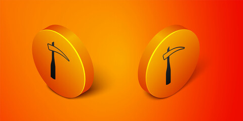 Isometric Scythe icon isolated on orange background. Happy Halloween party. Orange circle button. Vector