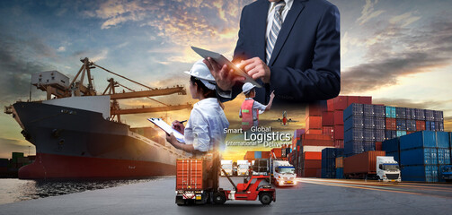 Business logistics network concept with Global business of Container Cargo freight train, Air cargo trucking, Rail transportation and maritime shipping, Online goods orders worldwide