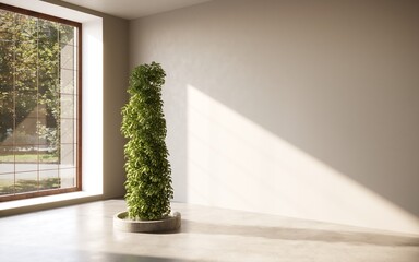 Gallery interior room with empty wall and decorative tree. Gallery concept. Mock up, 3D Rendering