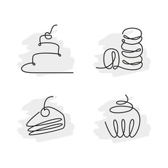 Set of continuous line art Birthday cakes, macaroon, muffin. Vector illustration minimalism isolated on white