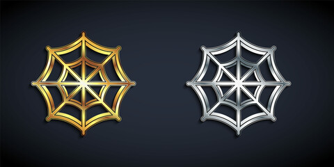 Gold and silver Spider web icon isolated on black background. Cobweb sign. Happy Halloween party. Long shadow style. Vector