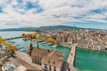 Zurich Switzerland, high angle view city skyline from Grossmunster with autumn foliage season