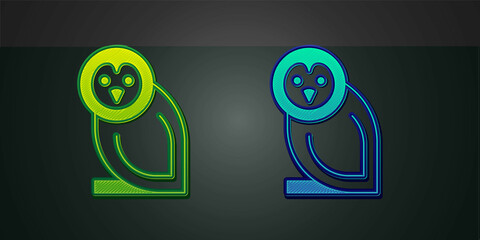 Green and blue Owl bird icon isolated on black background. Animal symbol. Vector
