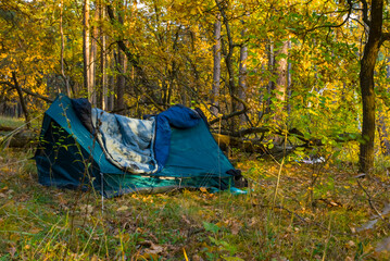 touristic tent in red autumn forest, natural travel background