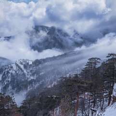 snowbound mountain valley in dense mist and clouds, natural season background