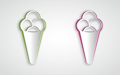 Paper cut Ice cream in waffle cone icon isolated on grey background. Sweet symbol. Paper art style. Vector