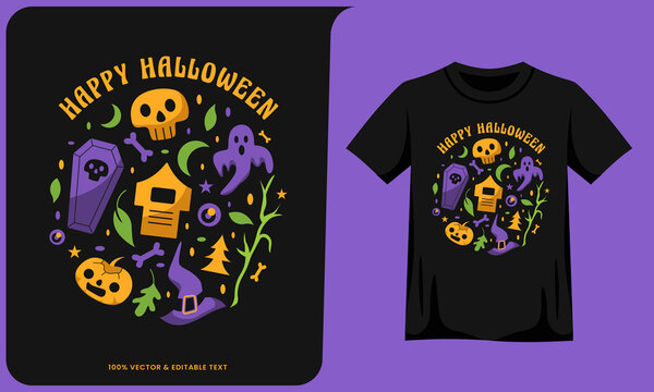 Happy Halloween Artwork And Tshirt Mockup Design. Vector Illustration