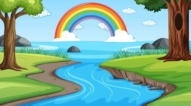 Nature scene background with rainbow in the sky