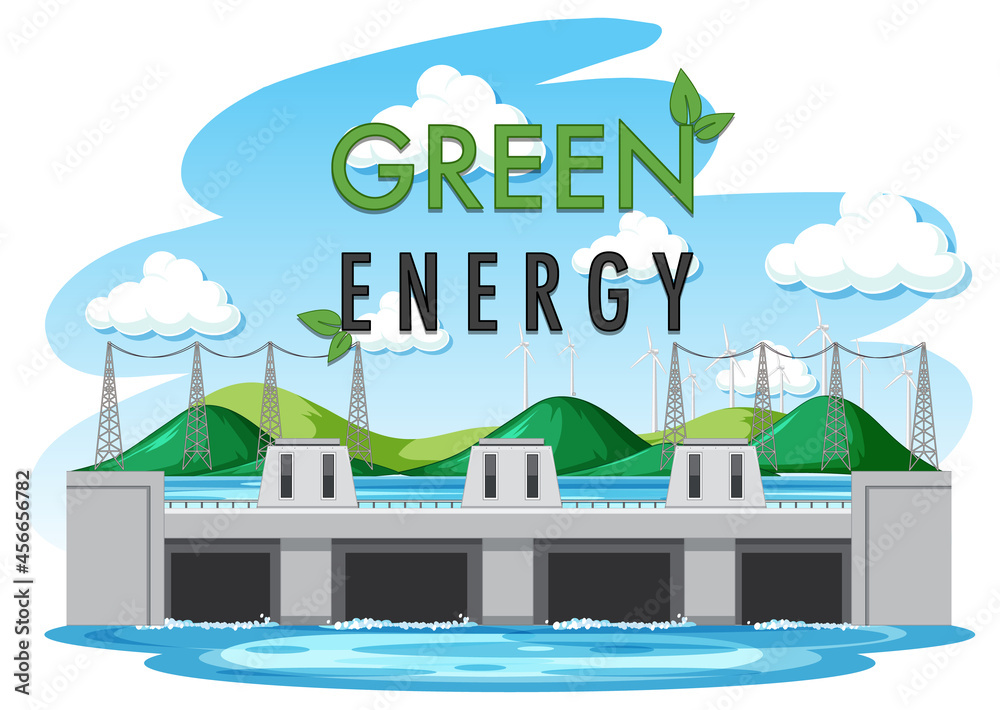 Wall mural Hydro Power Plants generate electricity with green banner