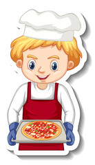 Sticker design with chef boy holding pizza tray