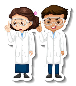 Cartoon character sticker with couple scientists in science gown