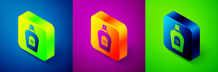 Isometric Perfume icon isolated on blue, purple and green background. Square button. Vector