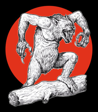 werewolf on log, red circle background clip art preview
