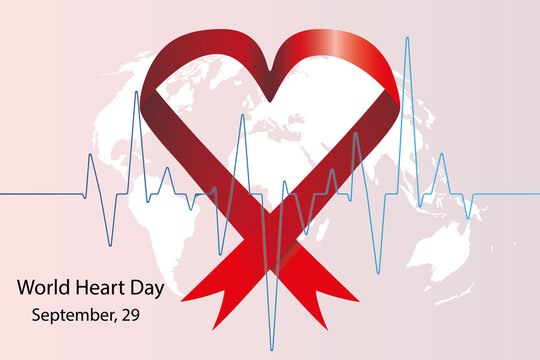 Red ribbon in a Heart shape, with heart beat trace graph. World Heart Day concept. Vector illustration. - Powered by Adobe