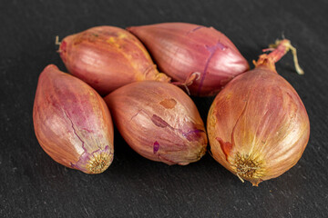Group of five whole shallot on grey stone