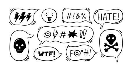 Comic speech bubble with swear words symbols. Hand drawn speech bubble with curses, lightning, skull, bomb, bones. Angry face emoji. Vector illustration isolated in doodle style on white background.