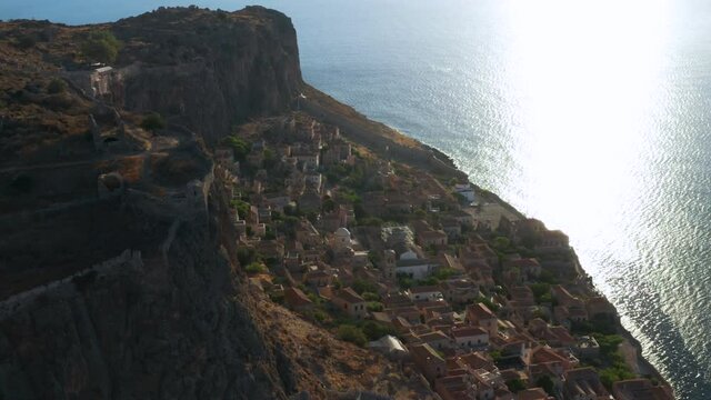 Monemvasia Town On Greek Island In Laconia, East Coast Of Peloponnese During Sunset In Greece. - Aerial