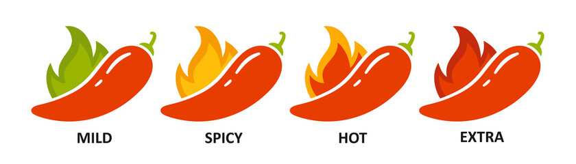 Spice level marks - mild, spicy, hot and extra. Green and red chili pepper. Symbol of pepper with fire. Chili level icons set. Vector illustration isolated on white background. - obrazy, fototapety, plakaty