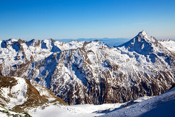 The magnificent Allalinhorn 4027m part of the Mischabel group of mountains in the Saas Fee Valley in southern Switzerland.