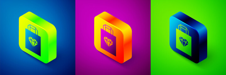 Isometric Shopping bag jewelry icon isolated on blue, purple and green background. Square button. Vector