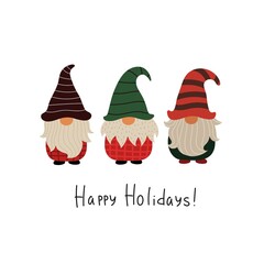 Happy holidays. Cartoon gnomes, hand drawing lettering. holiday theme. Colorful vector illustration, flat style. design for greeting cards, print, poster