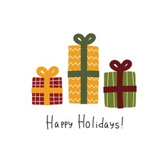 Happy holidays. Cartoon present, hand drawing lettering. holiday theme. Colorful vector illustration, flat style. design for greeting cards, print, poster