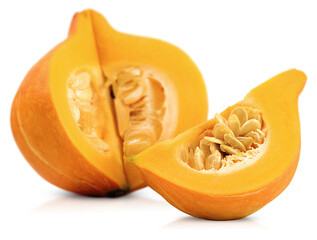 one whole pumpkin and one slice on white isolated background