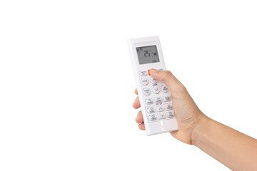 Close-up woman of right hand held, use finger press button on white remote control isolated on white background. Concept of technology, connection, communication, social