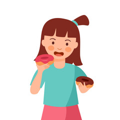 Girl child eating doughnuts in flat design on white background. Kids enjoy eating sweet dessert.