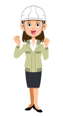 ガッツポーズするヘルメットを被って作業着を着た女性
