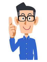 人差し指を立てて話すメガネをかけて青いシャツを着た男性
