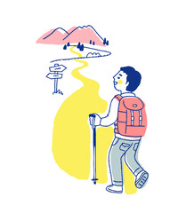 山に向かって歩く笑顔の男性