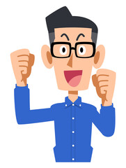ガッツポーズするメガネをかけて青いシャツを着た男性
