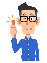 親指を立ててウインクするメガネをかけて青いシャツを着た男性
