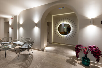 Interior of a hotel lobby with marble floor