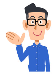 手のひらで案内するメガネをかけて青いシャツを着た男性
