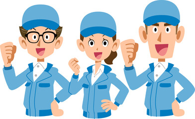 青い作業着を着た男女3人のチームの上半身
