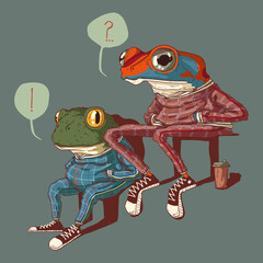 Illustration of chat between two sitting frogs dressed in sport suits