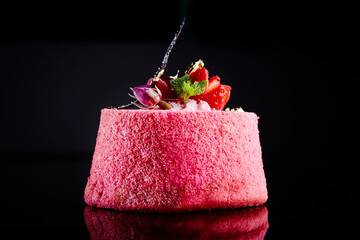 Image of luxury hand made Micheline French Rose Angel chiffon Cake dessert on white black background printed on Printed Glass Splashbacks