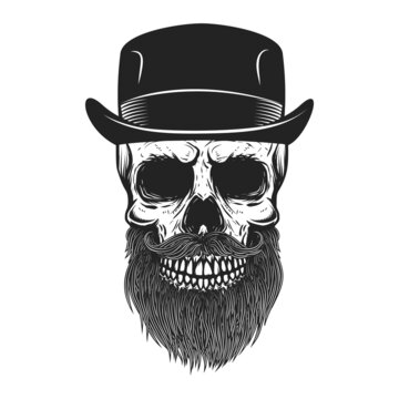 Illustration of bearded skull in gentleman hat in vintage monochrome style. Design element for logo, label, sign, emblem, poster. Vector illustration