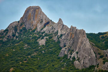 Dramatic mountain landscape. Bad weather in the mountains. Thunderclouds in the sky