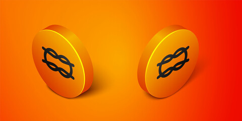 Isometric Nautical rope knots icon isolated on orange background. Rope tied in a knot. Orange circle button. Vector