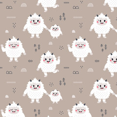Christmas wild winter vector cute seamless pattern with Yeti characters, Baby Yeti, Bigfoot, stones, plants in scandinavian Boho style