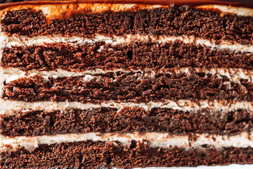Piece of puff chocolate cake close up