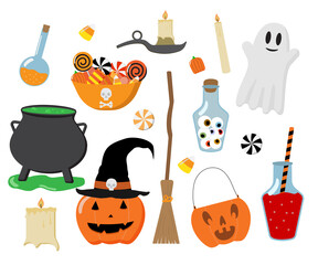 Cartoon Halloween and witchcraft elements set. Isolated on white background. Vector illustration. Great for prints, cards, invitations.