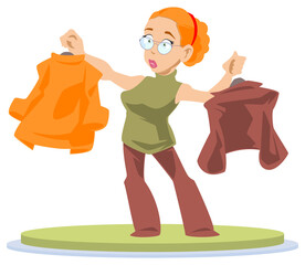 Successful shopping. Girl chooses clothes. Illustration for internet and mobile website.