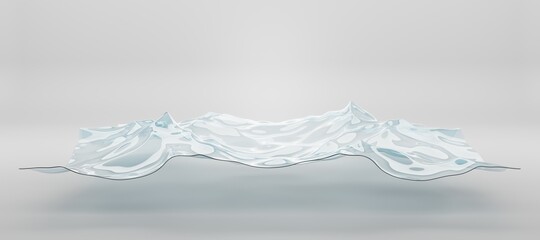 Abstract glass geometric figure, texture surface water, liquid ripples. Sculpture in curve wavy shapes, acrylic or plastic material, clear futuristic object isolated on blue background, 3d render